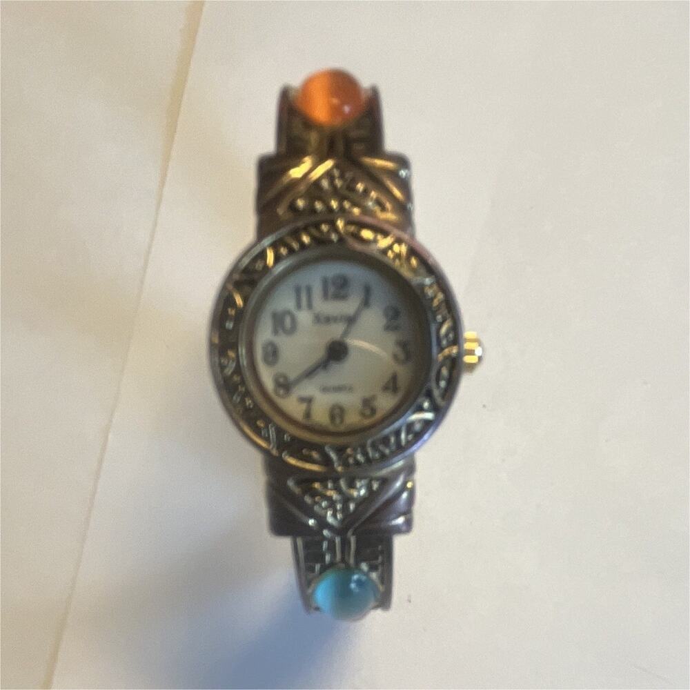 Xavier Women's Analog Quartz Bangle Wristwatch Silver Tone Multicolor Stones